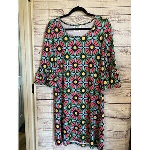 Vera Fishbaugh Floral Bright Color Shift Dress Size Large 3/4 ruffle sleeve